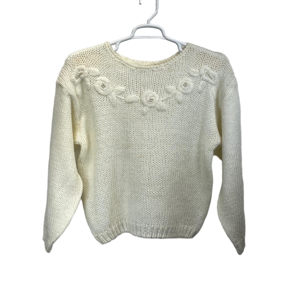 Vintage Colleens Collectables White Bead‎ Embellished Hand Knit Sweater Medium